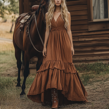 Women's Boho V Neck Chic Lace Country Maxi Dress In Sand