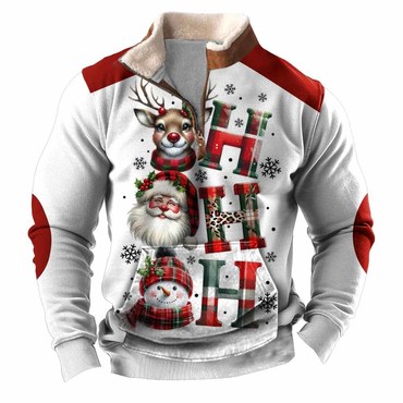 Men's Vintage Santa Elk Chic Snowman Print Fleece Collar Quarter Zip Stand Collar Ugly Christmas Sweatshirt