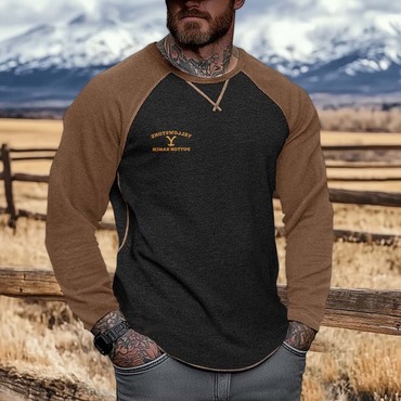 Men's Vintage Western Yellowstone Chic Color Block Crew Neck Long Sleeve T-shirt