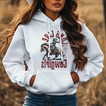 Women's Vintage Western Long Chic Live Cowgirls Print Pocket White Hoodie