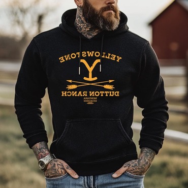 Men's Vintage Yellowstone Western Chic Cowboy Pocket Long Sleeve Casual Hoodie