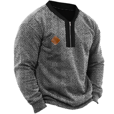 Men's Outdoor Casual Herringbone Chic Pattern Quarter Zip Collar Leather Lable Sweatshirt