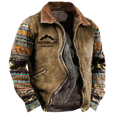 Men's Vintage Western Yellowstone Chic Printed Fleece Warm Jacket