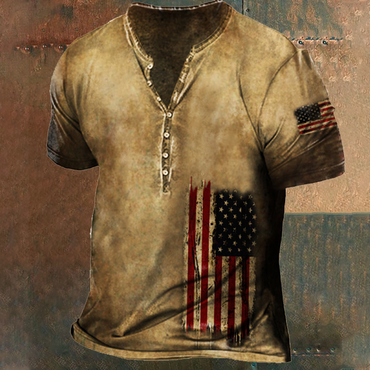 Vintage American Flag Print Chic Men's Henley Tactical Short Sleeve T-shirt