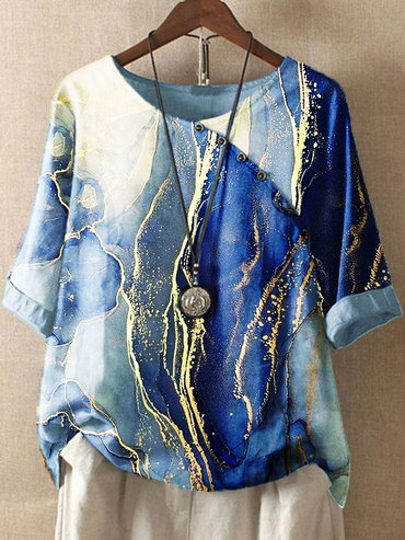 Round Neck Casual Loose Chic Marble Print Short Sleeve Blouse