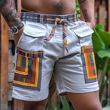 Men's Vintage Cotton And Chic Linen Ethnic Aztec Hippie Print Casual Elastic 5 Inch Cargo Shorts