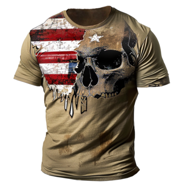 Men's Vintage American Flag Chic Skull Print Short Sleeve Casual T-shirt