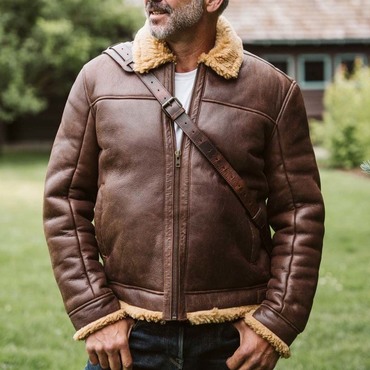 Men's Vintage Leather Shearling Chic Fleece Fur Lapel Collar Outdoor Bomber Jacket