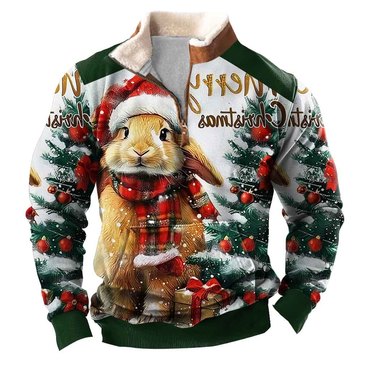 Men's Vintage Merry Christmas Chic Tree Bunny Print Fleece Collar Quarter Zip Stand Collar Ugly Christmas Sweatshirt