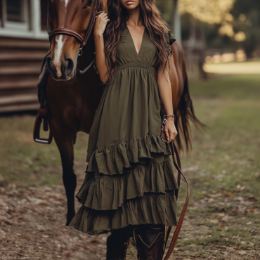 Women's Boho V Neck Chic Cowgirl Ruffle Country Dress Holiday Casual