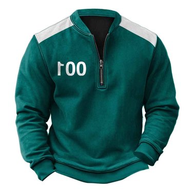 Men's Vintage Squid Game Chic 001 Color Block Henley Zipper Long Sleeve Sweatshirt