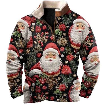 Men's Vintage Santa Claus Chic 3d Print Fleece Stand Collar Ugly Christmas Sweatshirt