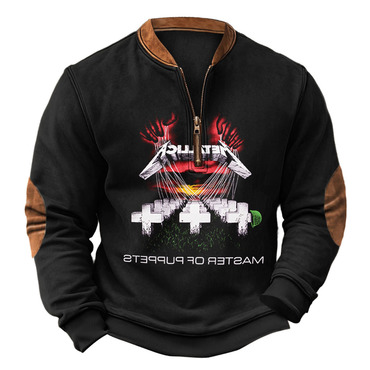 Men's Vintage Rock Band Chic Master Of Puppets Print Color Block Henley Zipper Long Sleeve Sweatshirt