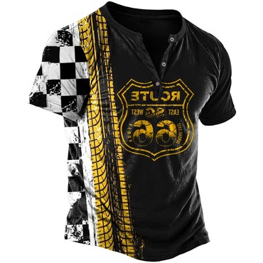 Men's Vintage Route 66 Chic Racing Motorcycle Tire Checkerboard Print Henley Short Sleeve T-shirt