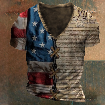 Men's American Flag V Neck Chic Short Sleeve T-shirt