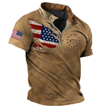 Men's American Flag Patriot Chic 1776 Print Zipper Polo T-shirt