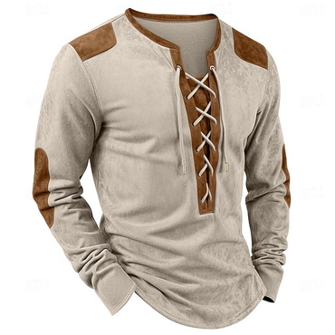 Men's Vintage Suede Lace-up Chic Color Block Long Sleeve T-shirt