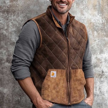 Men's Vintage Pocket Suede Chic Quilted Zip Vest Outdoor Motorcycle Stand Collar Vest Jacket