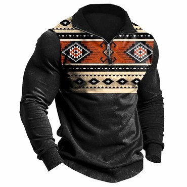 Men's Vintage Western Ethnic Chic Style Aztec Quarter-zip Stand Collar Long Sleeve Sweatshirt