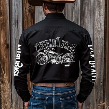 Men's Western Cowboy Outdoor Chic Pbr Whiskey Motorcycle Long Sleeved Black Shirts