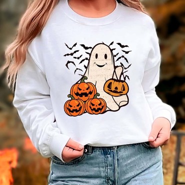 Women's Vintage Halloween Pumpkin Chic Ghost Long Sleeve Crew Neck Sweatshirt