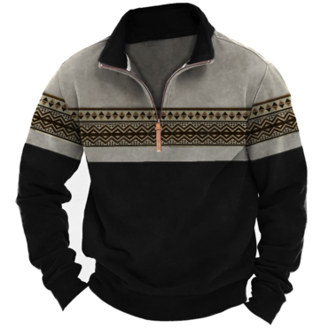 Men's Vintage Quarter Zip Chic Aztec Ethnic Horseshoe Print Long Sleeve Sweatshirt