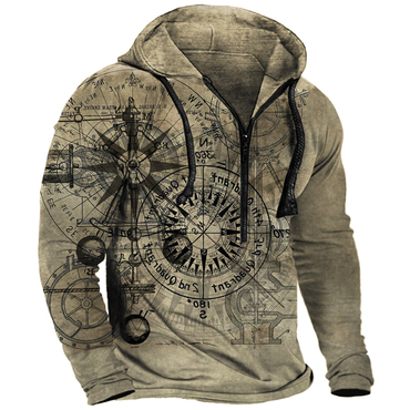 Men's Vintage Wheel Print Chic Zip Pocket Hoodie Sweatshirt