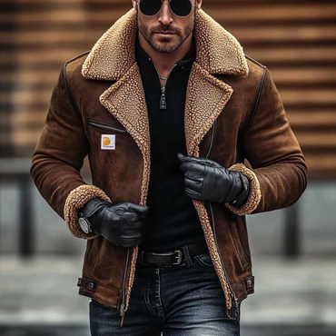 Men's Vintage Suede Chic Zipper Pocket Fleece Lapel Collar Outdoor Motorcycle Sherpa Lined Jacket