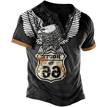 Men's Vintage Route 66 Chic Motorcycle Eagle Print Henley Short Sleeve T-shirt