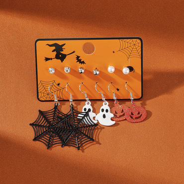 Halloween 6 Pairs Of Chic Spider Web Pumpkin Ghost Earrings Combination Festive Atmosphere Earrings Set