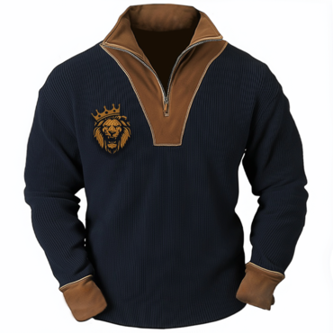 Mens Vintage Corduroy Patchwork Chic Lion Print Quarter Zip Collar Sweatshirt