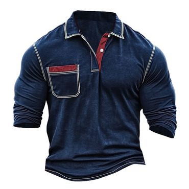 Men's Vintage Outdoor Contrast Chic Color Pocket Polo Long Sleeve T-shirt