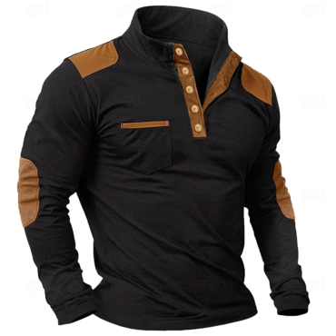 Men's Outdoor Vintage Henley Chic Stand Neck Patchwork Pocket Long Sleeved T-shirt