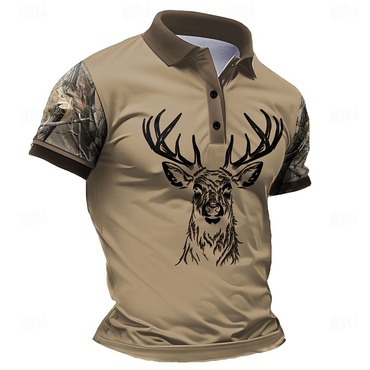 Men's Retro Elk Print Chic Casual Lapel T-shirt