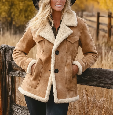 Women's Vintage Suede Multi-pocket Chic Fleece Lapel Shearling Coat Sherpa Lined Jacket