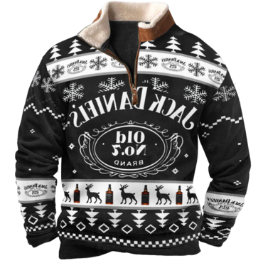 Men's Vintage Jack Daniel's Chic Ugly Christmas Print Fleece Collar Quarter Zip Stand Collar Sweatshirt