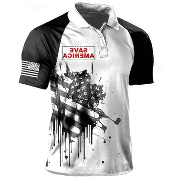 Men's Vintage Save America Chic Flag July 4th Print Color Block Raglan Sleeve Short Sleeve Polo T-shirt