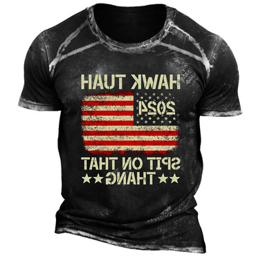 Men's Vintage Hawk Tuah Chic 24 Spit On That Thang American Flag Print Short Sleeve Crew Neck T-shirt