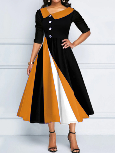 Casual Geometric Panel Button Chic V-neck Long Sleeve Midi Dress