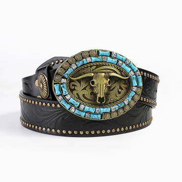 Western Cowboy Bull Head Chic Carving Diamond Belt