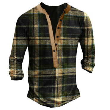 Retro Plaid Men's Outdoor Chic Tactics Henley Button Long Sleeve Shirt