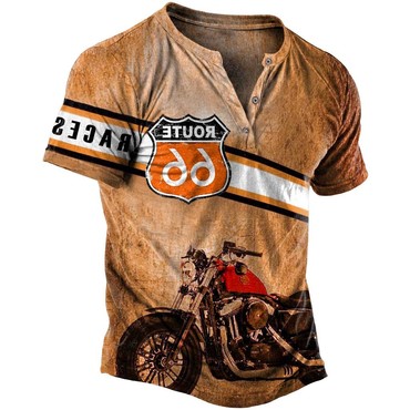 Men's Vintage Route 66 Chic Motorcycle Races Print Henley Short Sleeve T-shirt