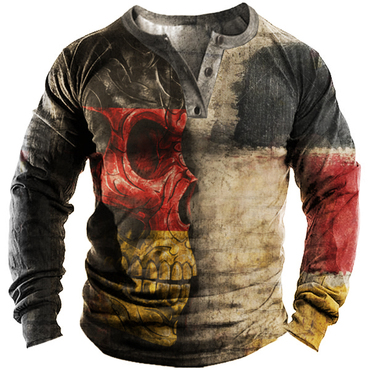 Men's Outdoor German Flag Chic Skull Tactical Henley Collar T-shirt