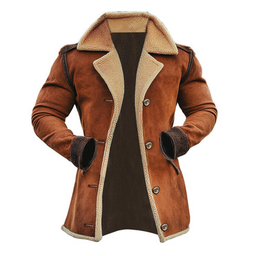 Men's Vintage Suede Shearling Chic Fleece Wool Fur Lapel Collar Mid-length Coat Sherpa Lined Jacket