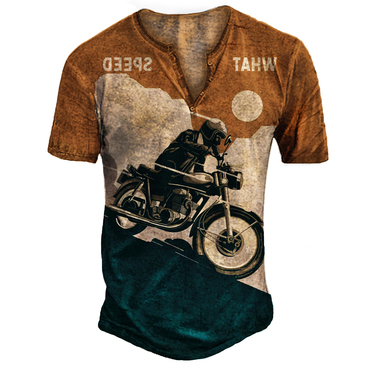 Men's Outdoor Vintage Motorcycle Chic Contrast Henley Collar T-shirt