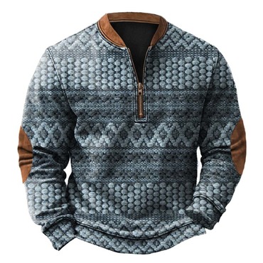 Men's Vintage Geometric Pattern Chic 3d Print Color Block Zipper Long Sleeve Sweatshirt