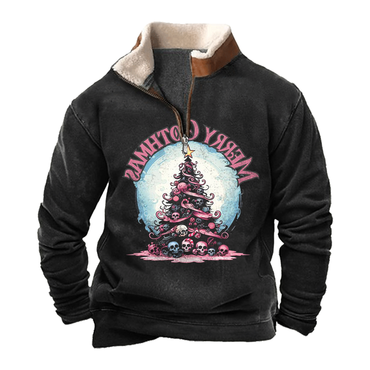 Men's Pink Skeleton Christmas Chic Tree Vintage Lamb Fleece Collar Spliced Sweatshirts