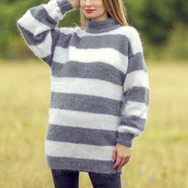 Ladies Vintage Long-sleeved Army Chic Pile Neck Oversized Knitted Mohair Sweater