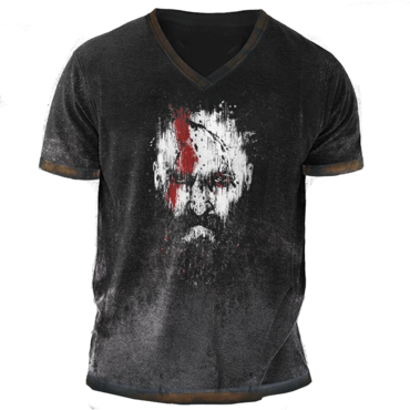 Men's God Of War Print Chic Daily Short Sleeve V Neck T-shirt