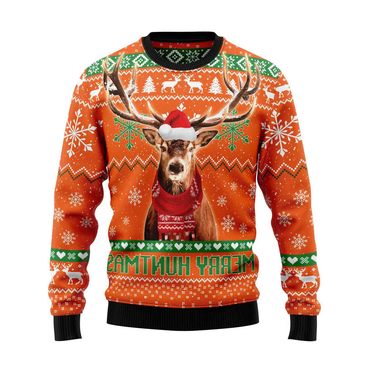 Unisex Vintage Deer Merry Chic Huntmas Print Crew Neck Ugly Christmas Sweatshirt